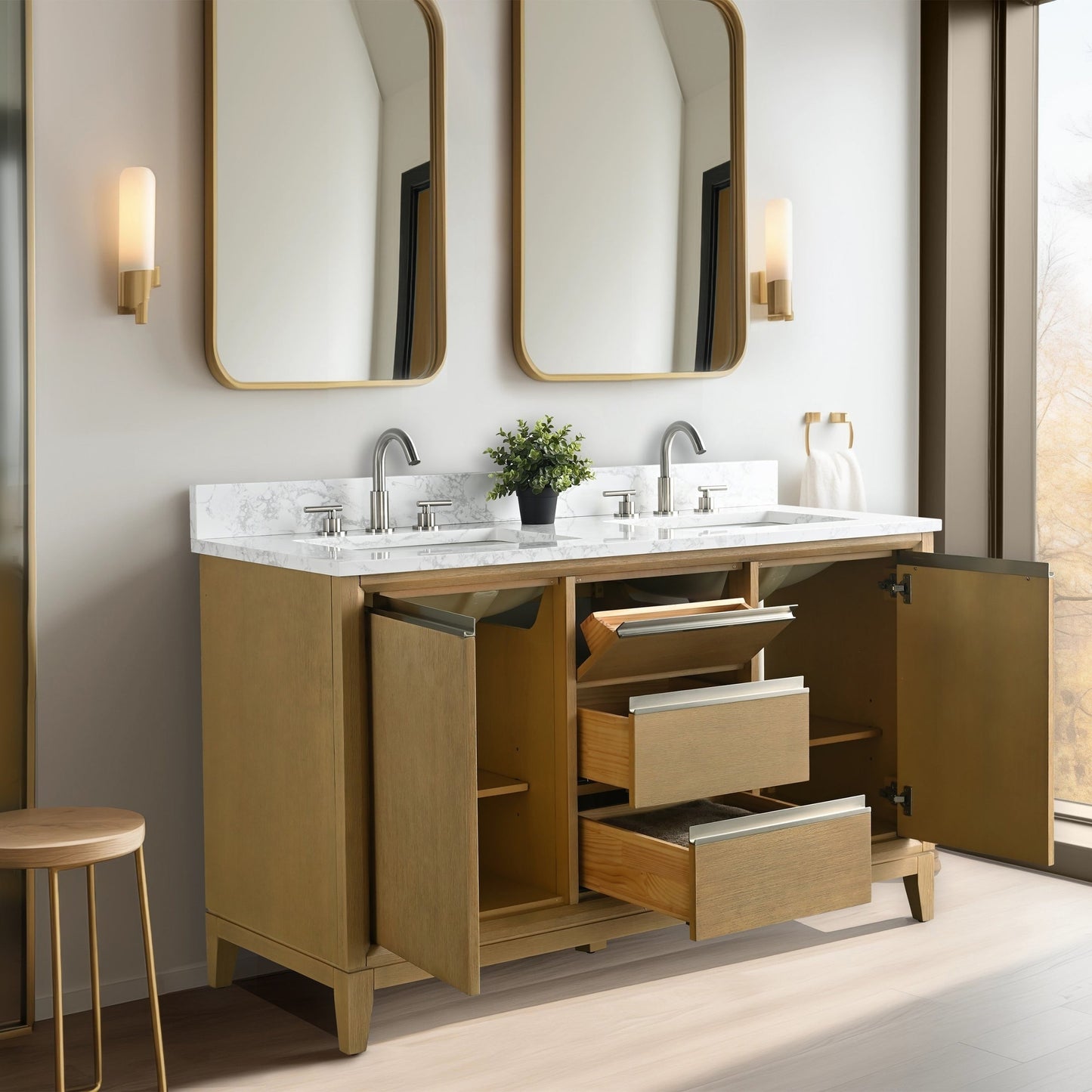 Meuble-lavabo Art pour salle de bain avec lavabo en céramique et plan de travail en marbre composite.