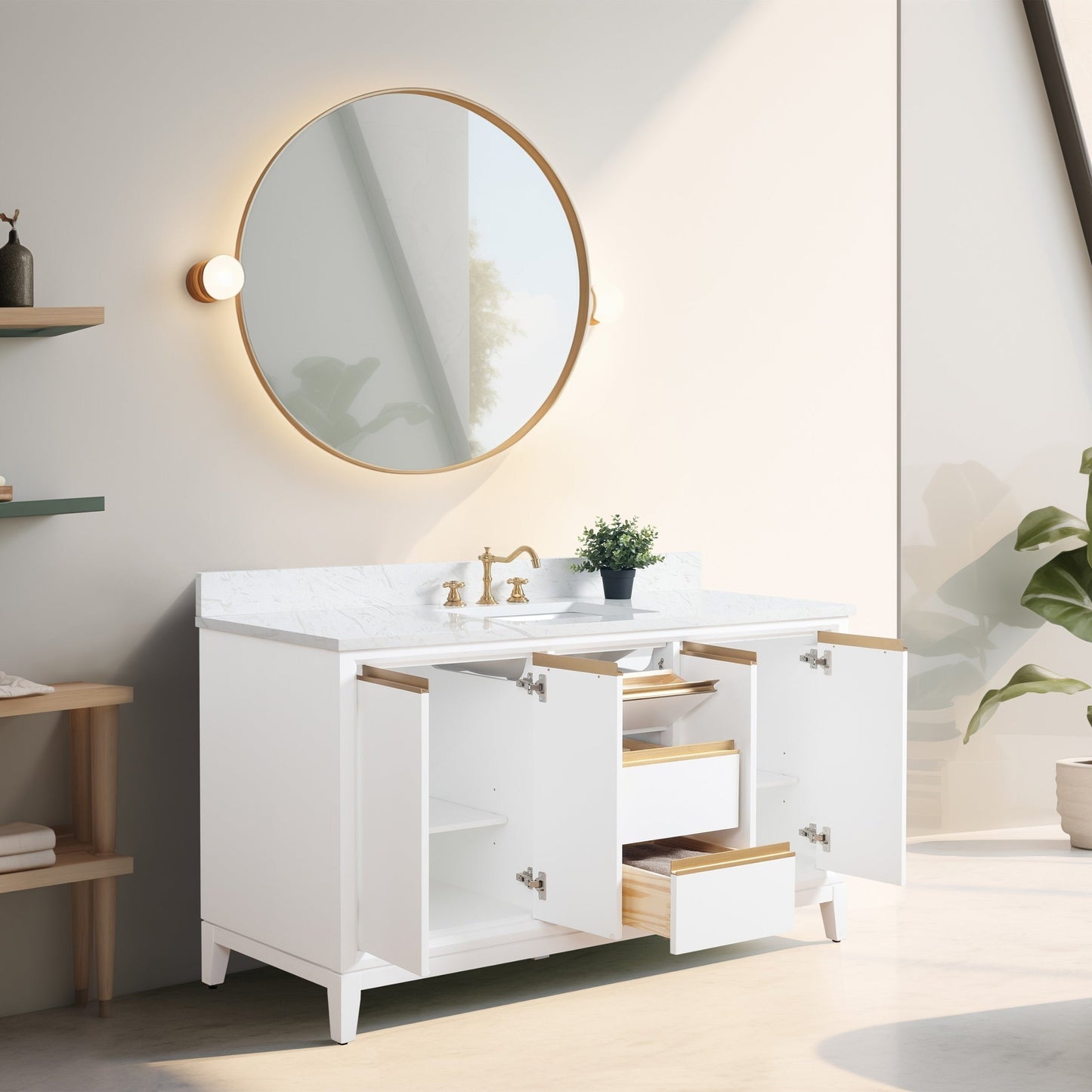 Meuble-lavabo Art pour salle de bain avec lavabo en céramique et plan de travail en marbre composite.