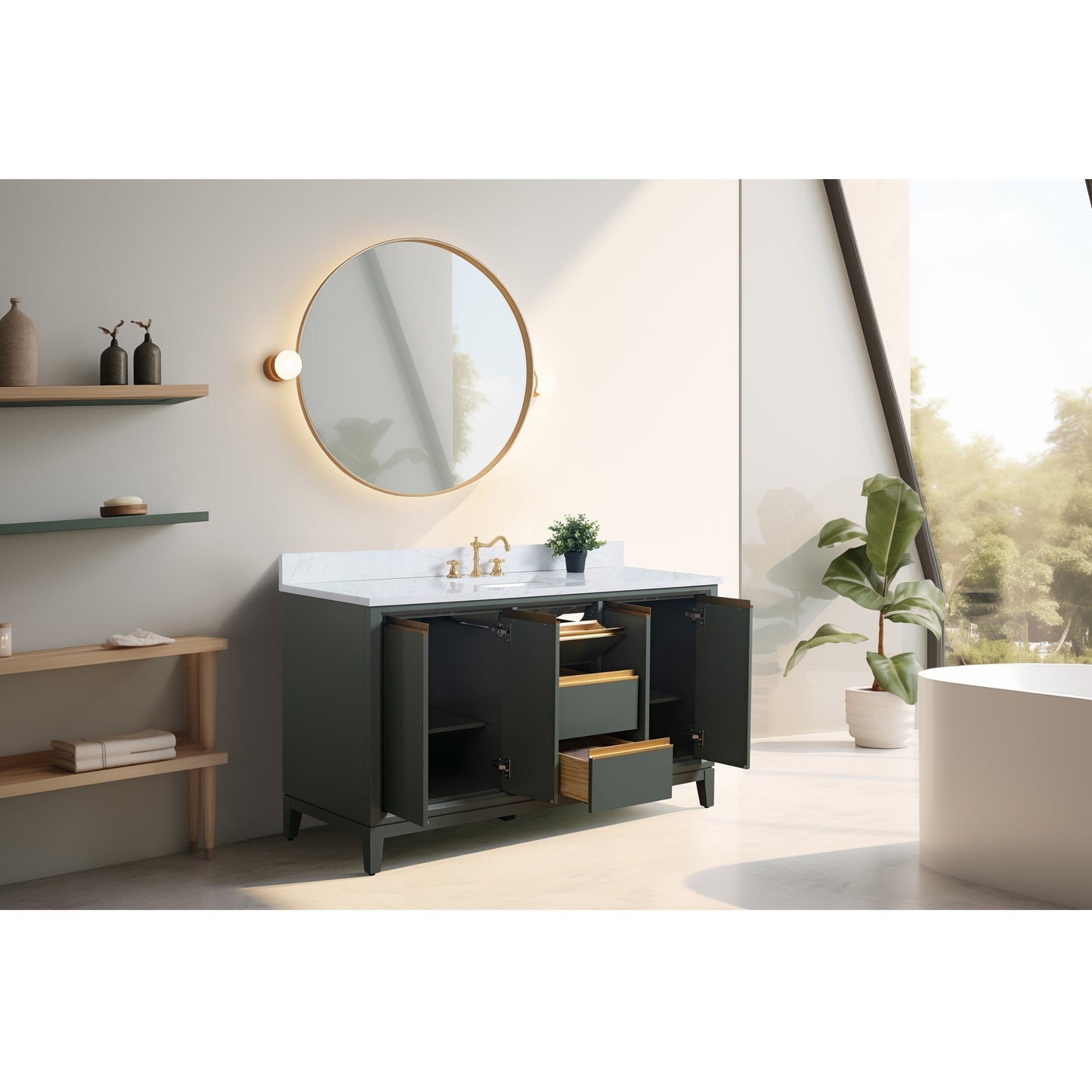 Meuble-lavabo Art pour salle de bain avec lavabo en céramique et plan de travail en marbre composite.