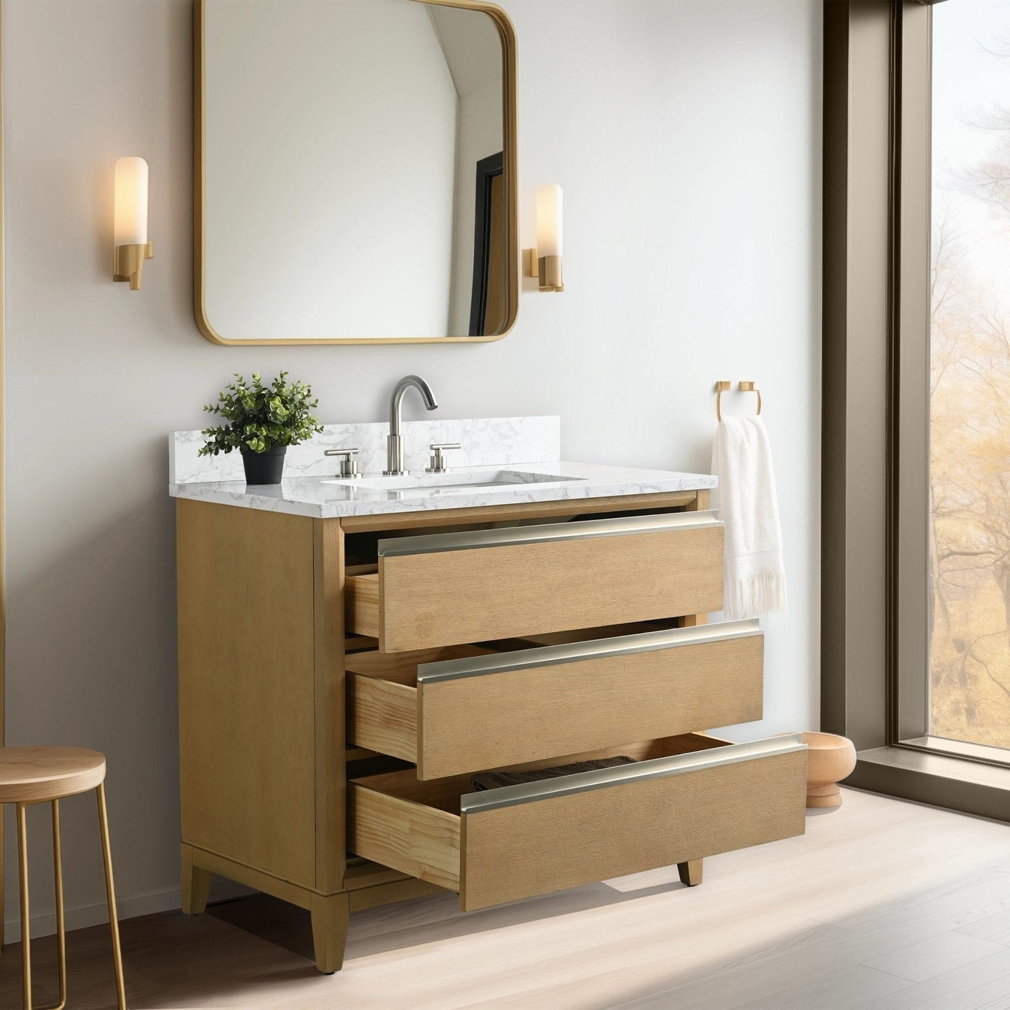 Meuble-lavabo Art pour salle de bain avec lavabo en céramique et plan de travail en marbre composite.