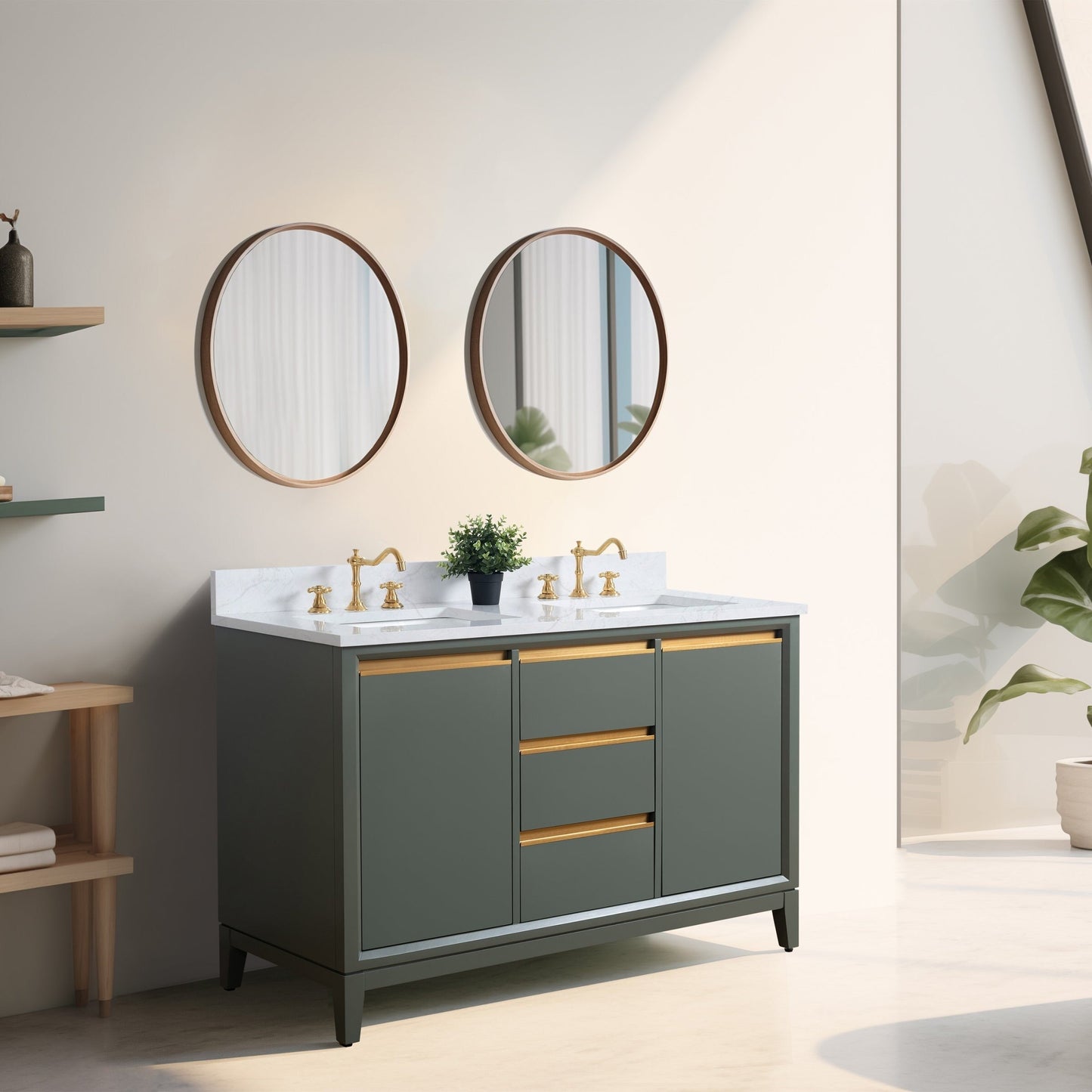 Meuble-lavabo Art pour salle de bain avec lavabo en céramique et plan de travail en marbre composite.