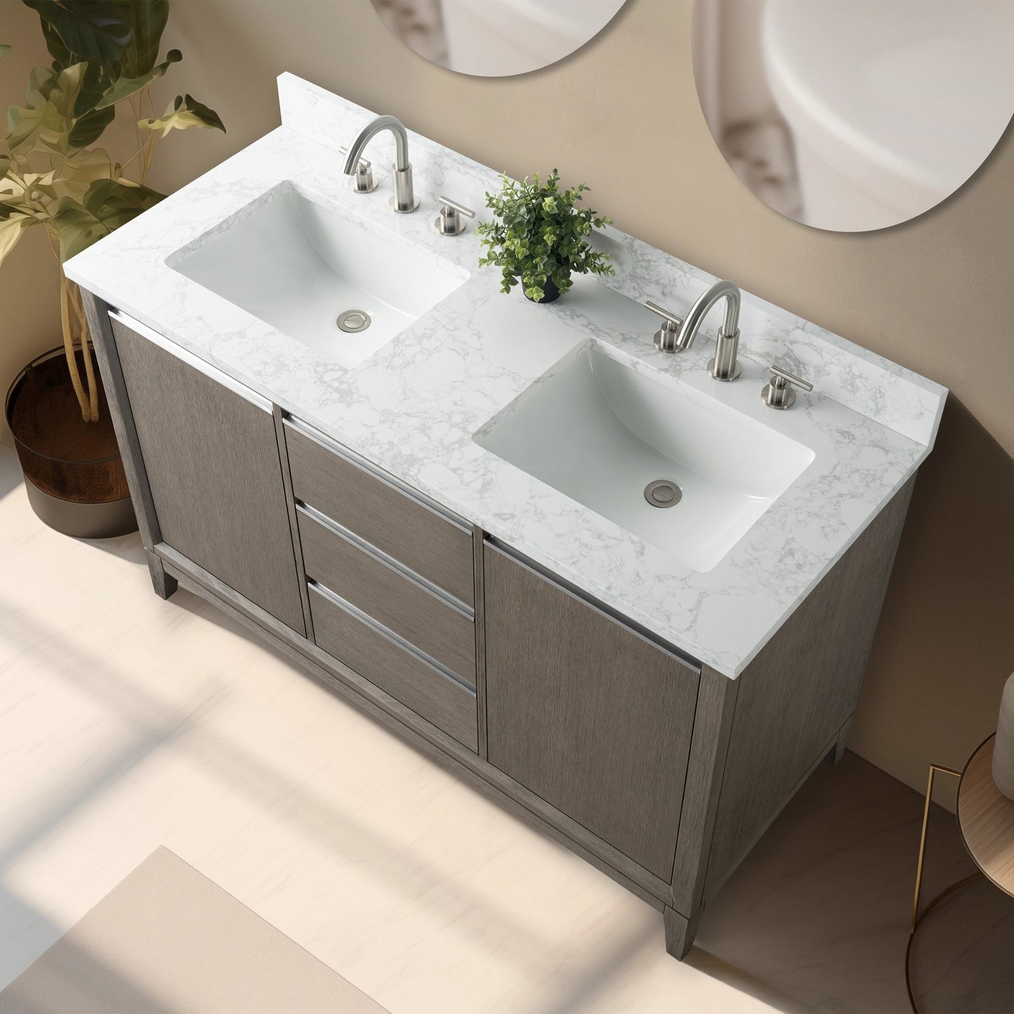 Meuble-lavabo Art pour salle de bain avec lavabo en céramique et plan de travail en marbre composite.