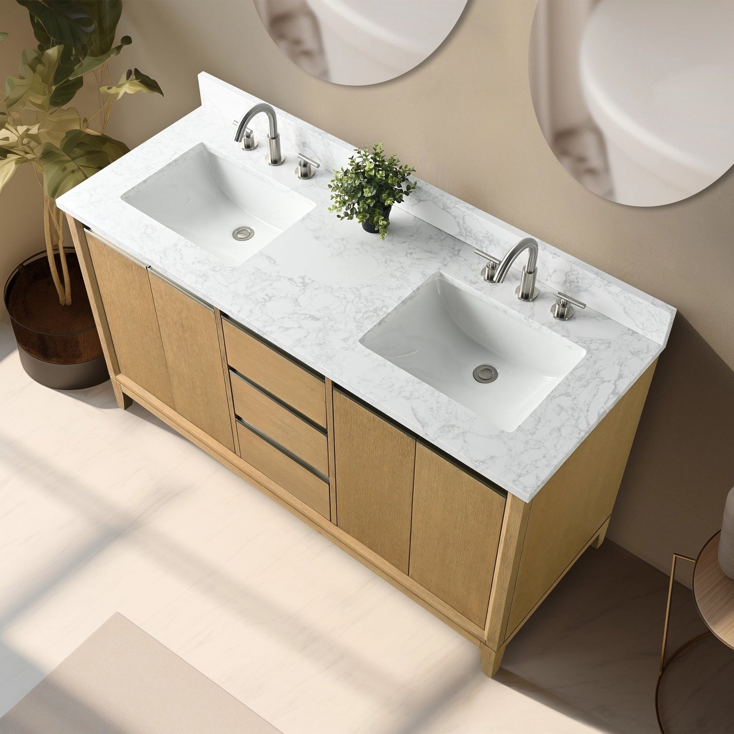 Meuble-lavabo Art pour salle de bain avec lavabo en céramique et plan de travail en marbre composite.