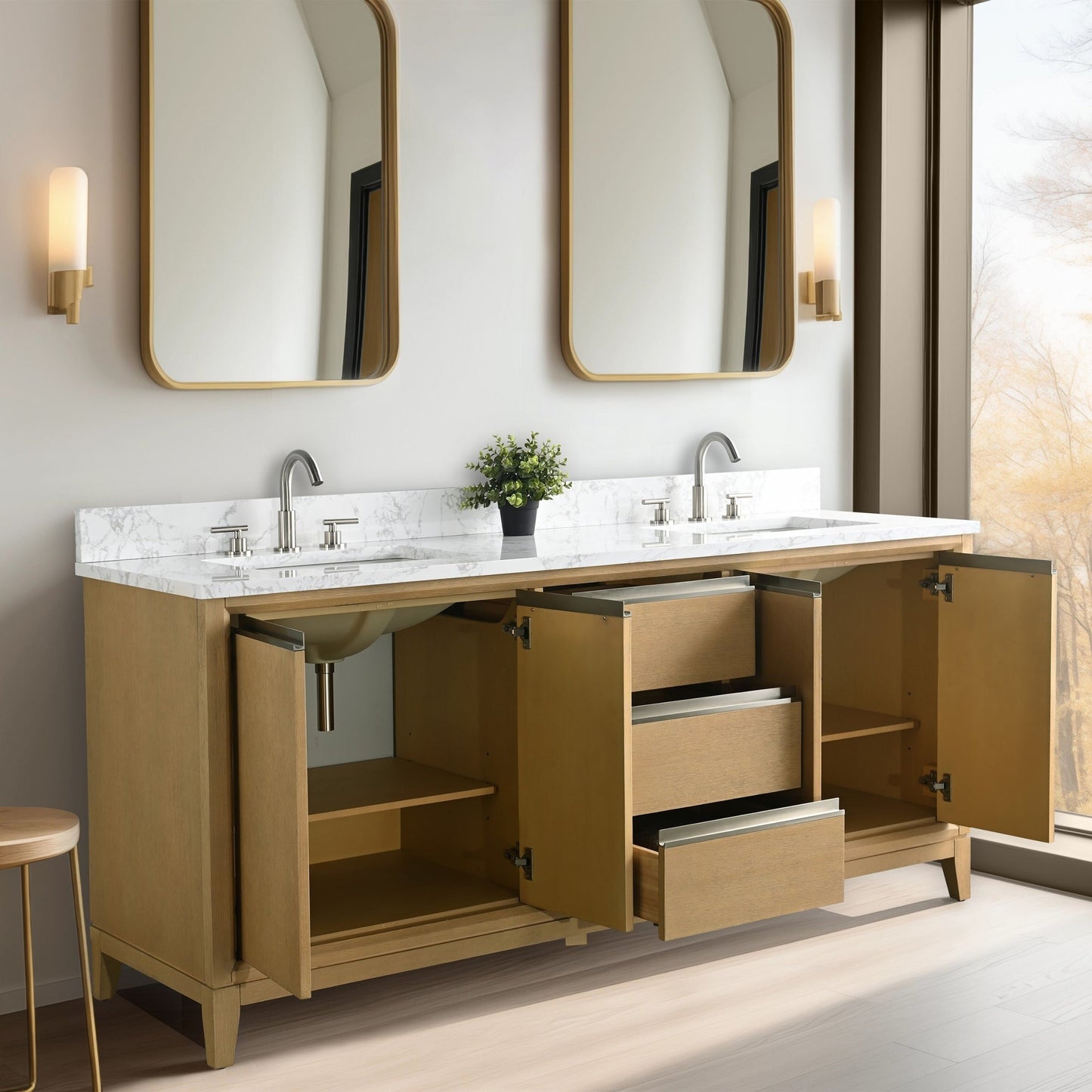 Meuble-lavabo Art pour salle de bain avec lavabo en céramique et plan de travail en marbre composite.