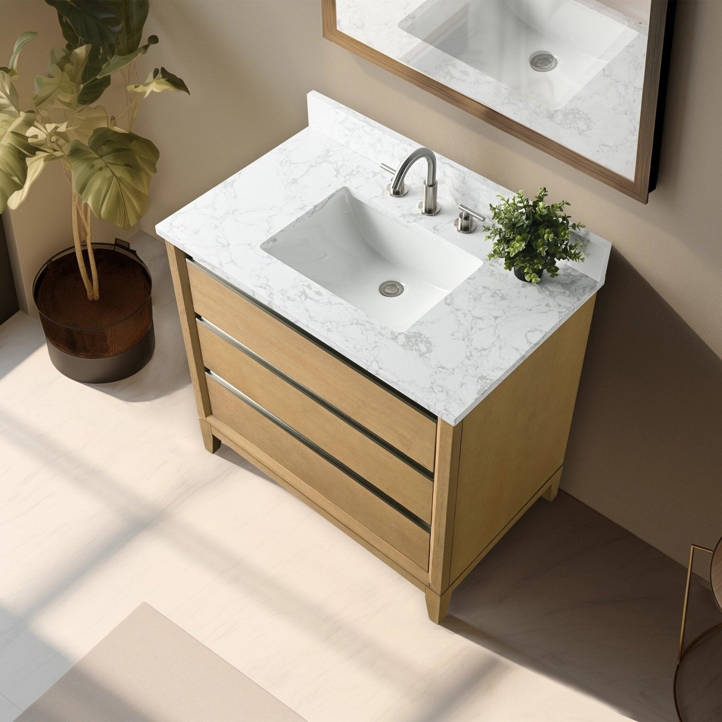 Meuble-lavabo Art pour salle de bain avec lavabo en céramique et plan de travail en marbre composite.