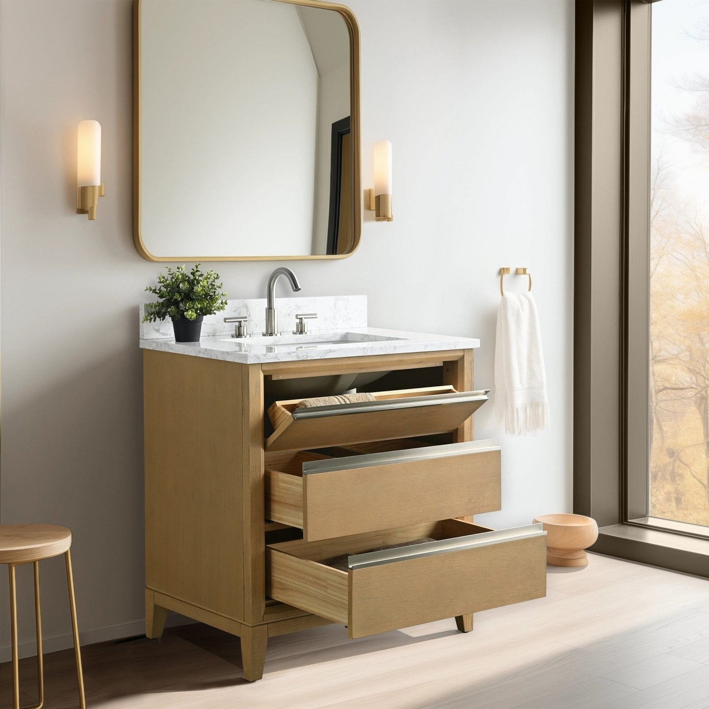 Meuble-lavabo Art pour salle de bain avec lavabo en céramique et plan de travail en marbre composite.