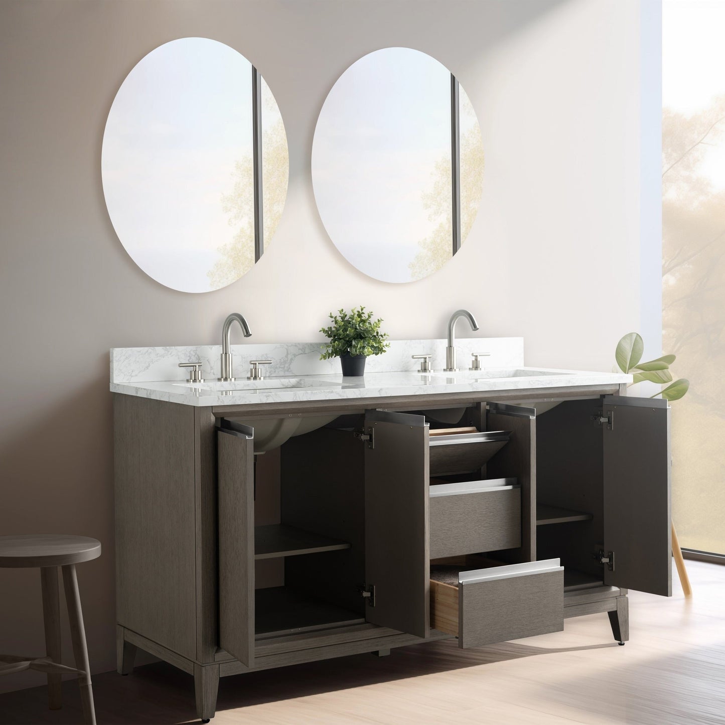 Meuble-lavabo Art pour salle de bain avec lavabo en céramique et plan de travail en marbre composite.