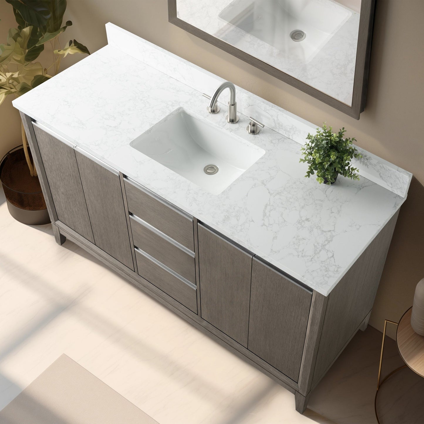 Meuble-lavabo Art pour salle de bain avec lavabo en céramique et plan de travail en marbre composite.