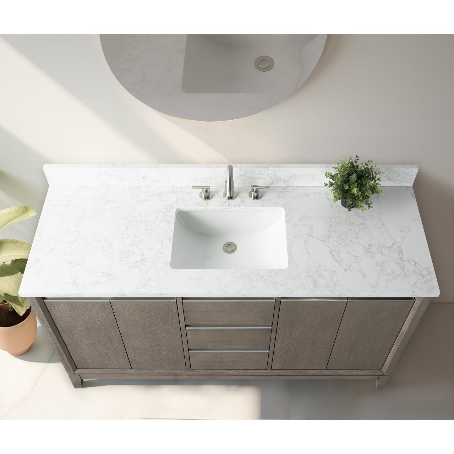 Meuble-lavabo Art pour salle de bain avec lavabo en céramique et plan de travail en marbre composite.