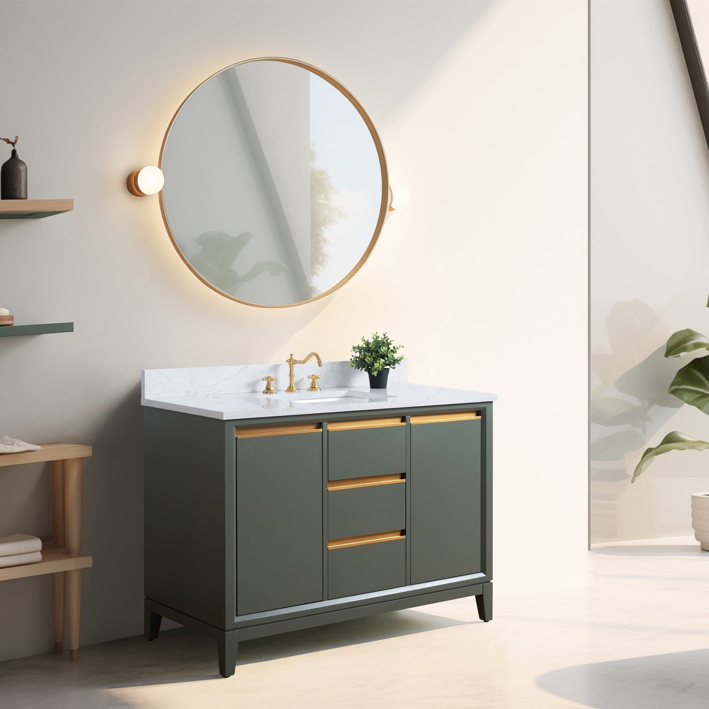 Meuble-lavabo Art pour salle de bain avec lavabo en céramique et plan de travail en marbre composite.