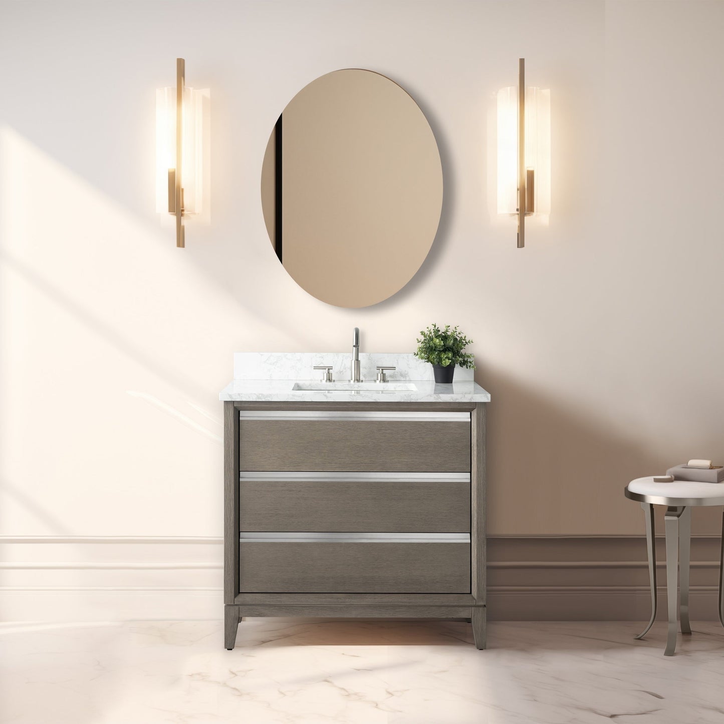 Meuble-lavabo Art pour salle de bain avec lavabo en céramique et plan de travail en marbre composite.