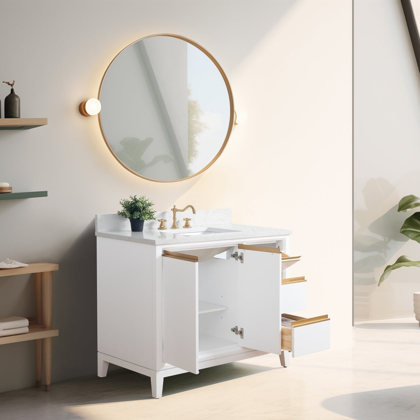 Meuble-lavabo Art pour salle de bain avec lavabo en céramique et plan de travail en marbre composite.