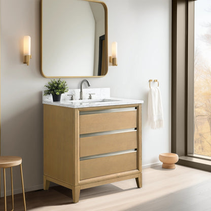 Meuble-lavabo Art pour salle de bain avec lavabo en céramique et plan de travail en marbre composite.