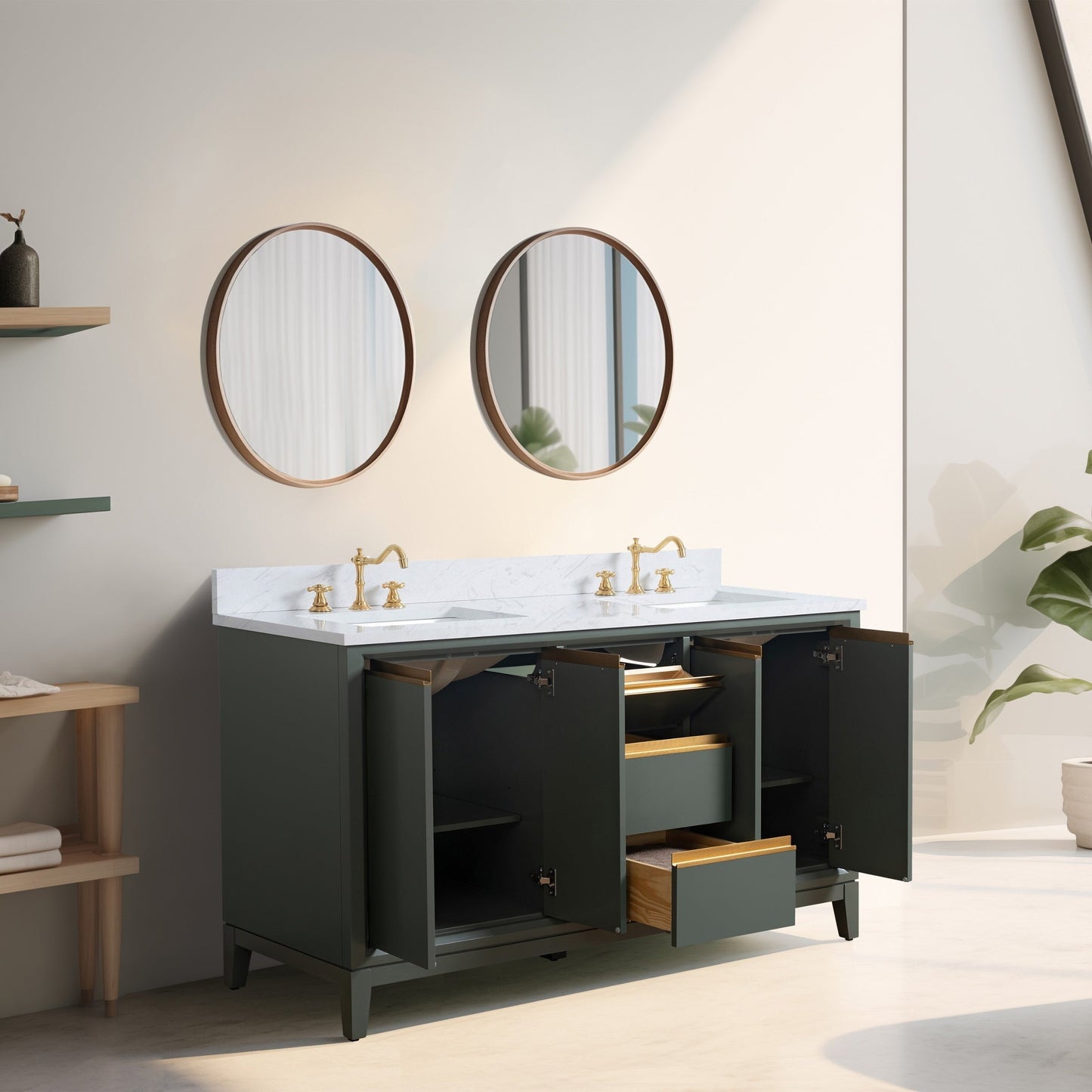 Meuble-lavabo Art pour salle de bain avec lavabo en céramique et plan de travail en marbre composite.