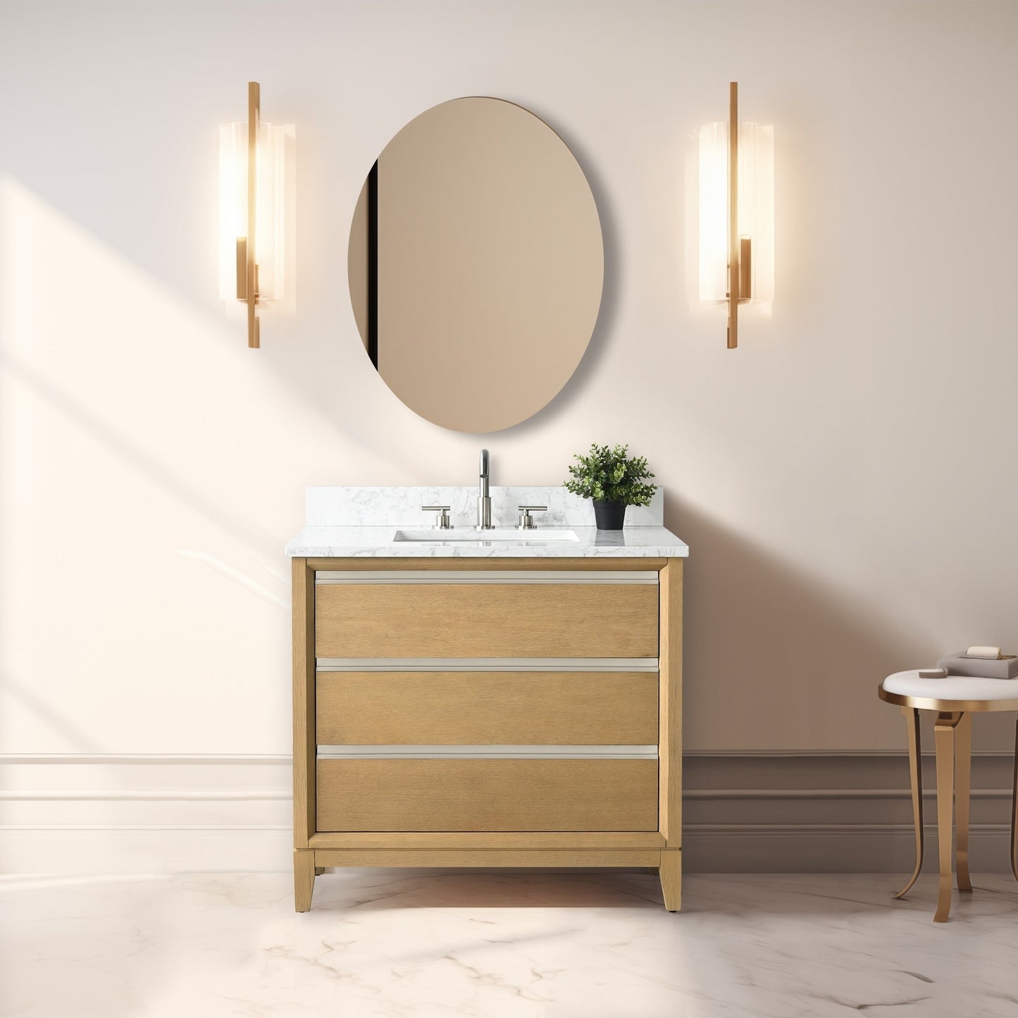 Meuble-lavabo Art pour salle de bain avec lavabo en céramique et plan de travail en marbre composite.