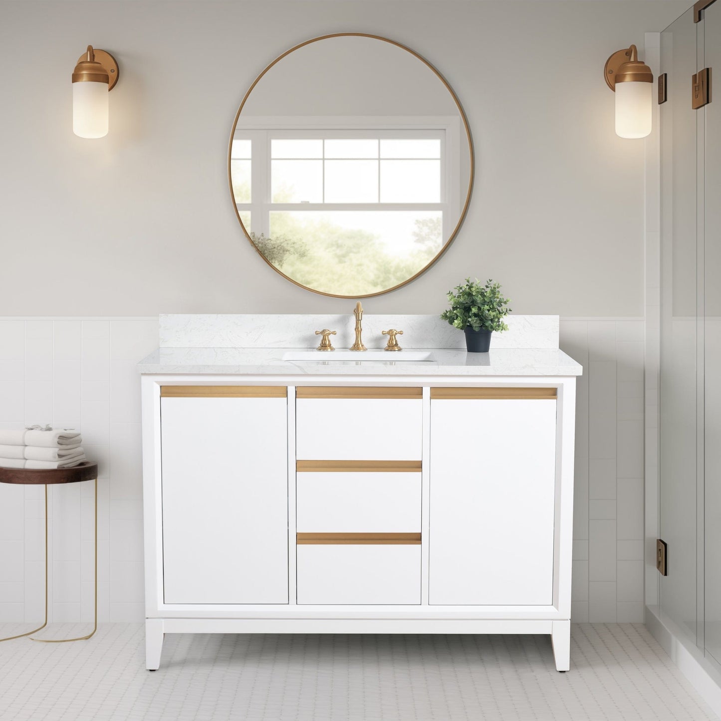 Meuble-lavabo Art pour salle de bain avec lavabo en céramique et plan de travail en marbre composite.
