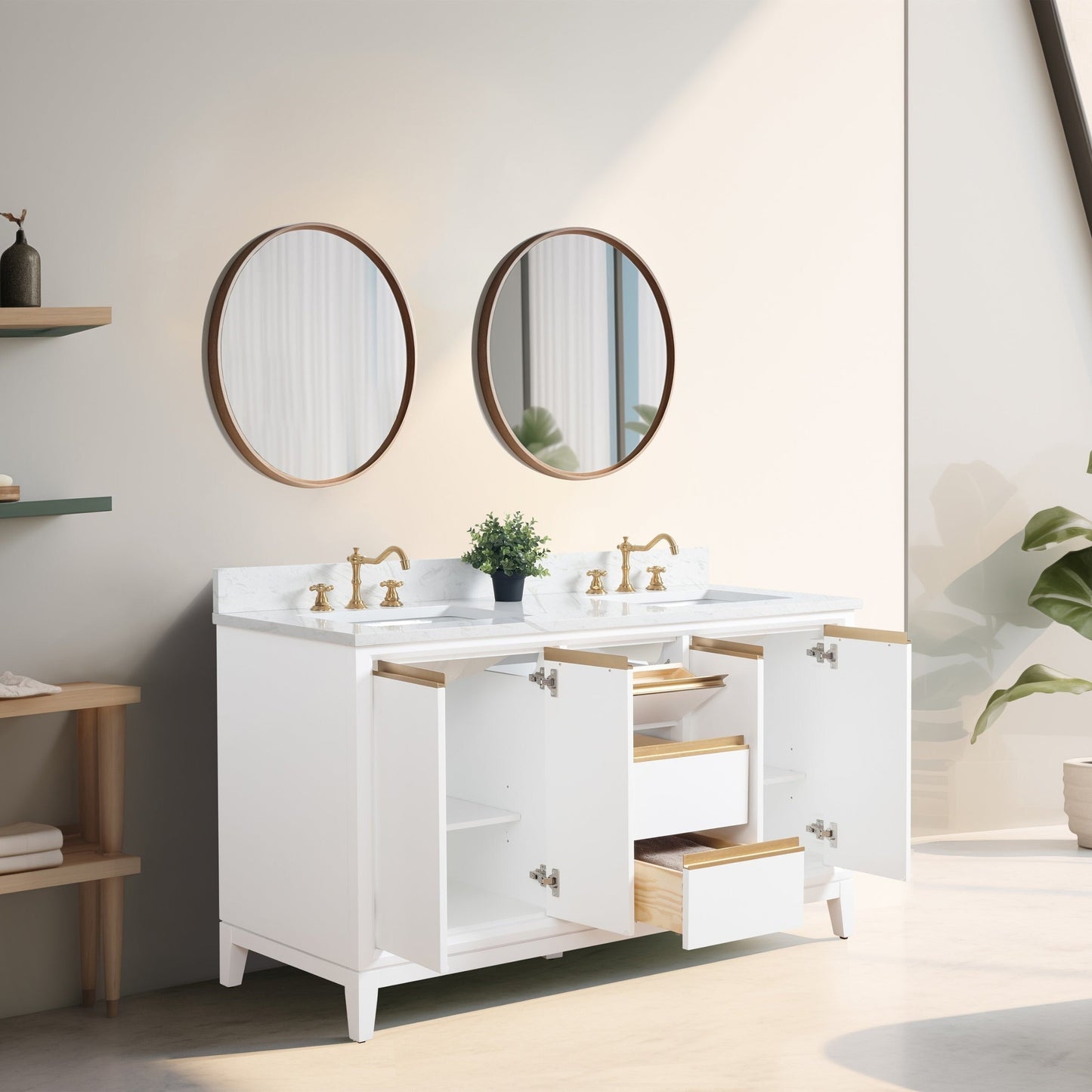 Meuble-lavabo Art pour salle de bain avec lavabo en céramique et plan de travail en marbre composite.