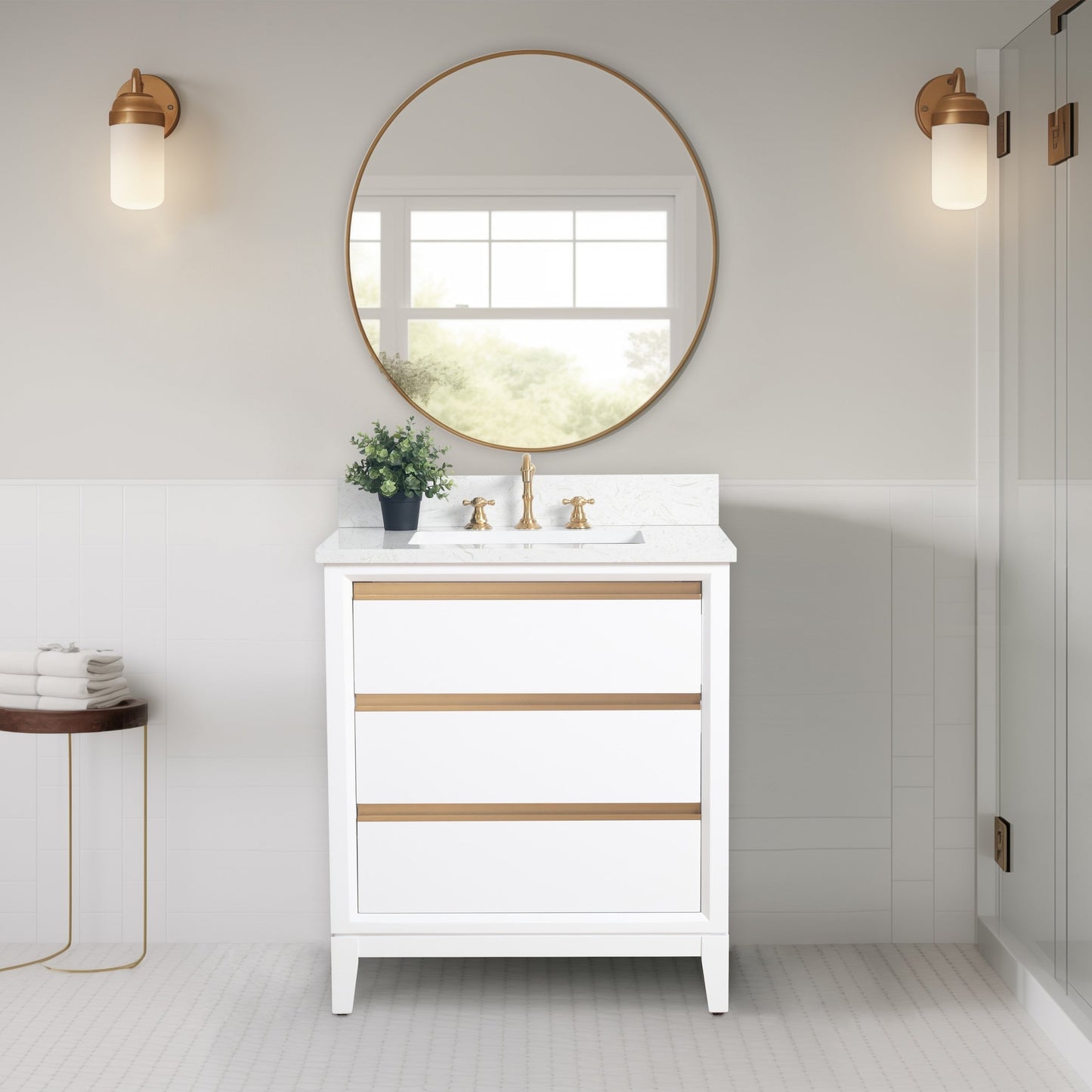 Meuble-lavabo Art pour salle de bain avec lavabo en céramique et plan de travail en marbre composite.