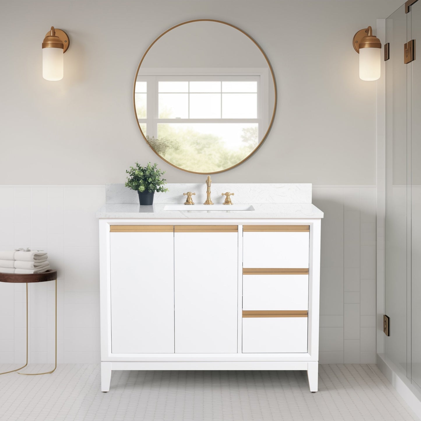 Meuble-lavabo Art pour salle de bain avec lavabo en céramique et plan de travail en marbre composite.