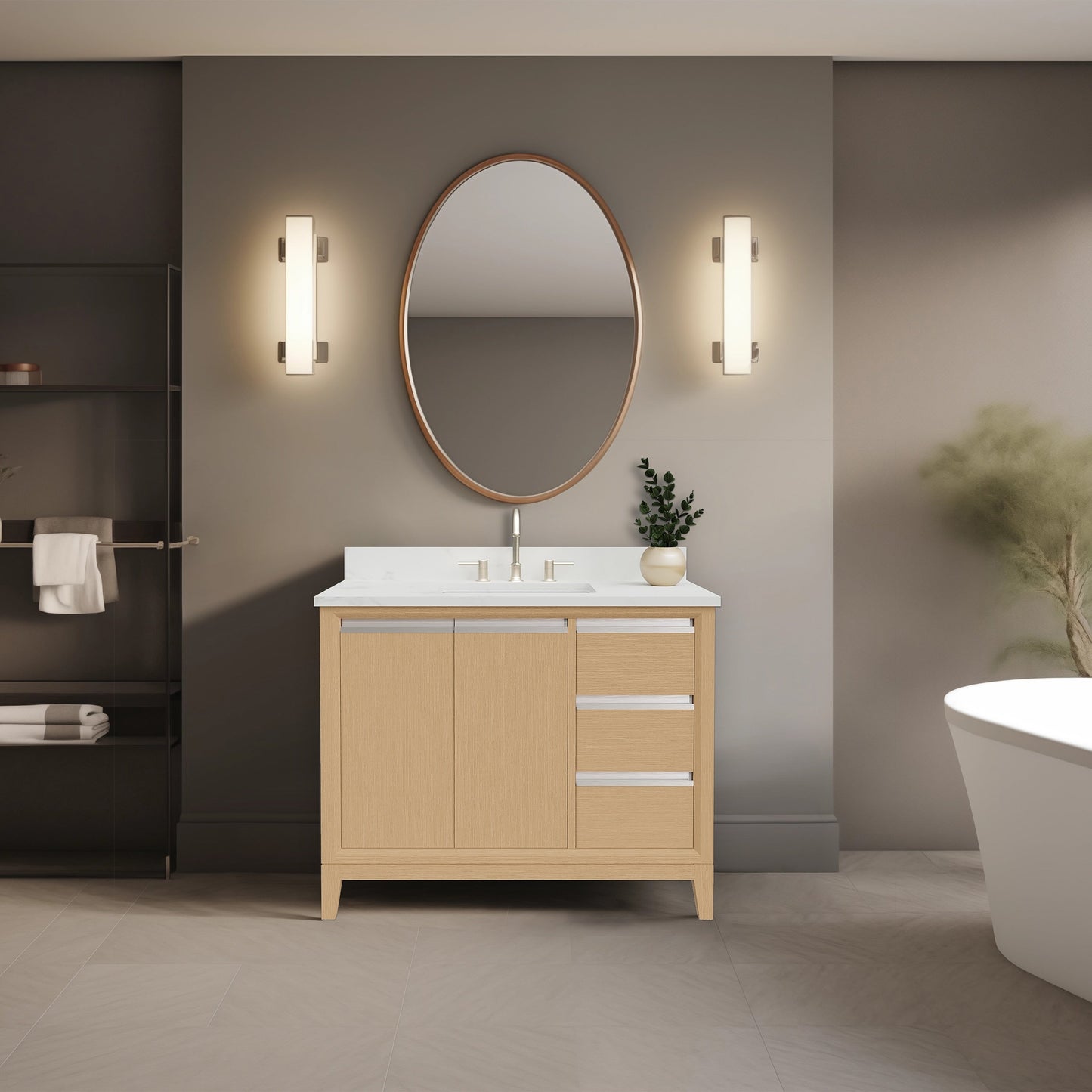 Meuble-lavabo Art pour salle de bain avec lavabo en céramique et plan de travail en marbre composite.