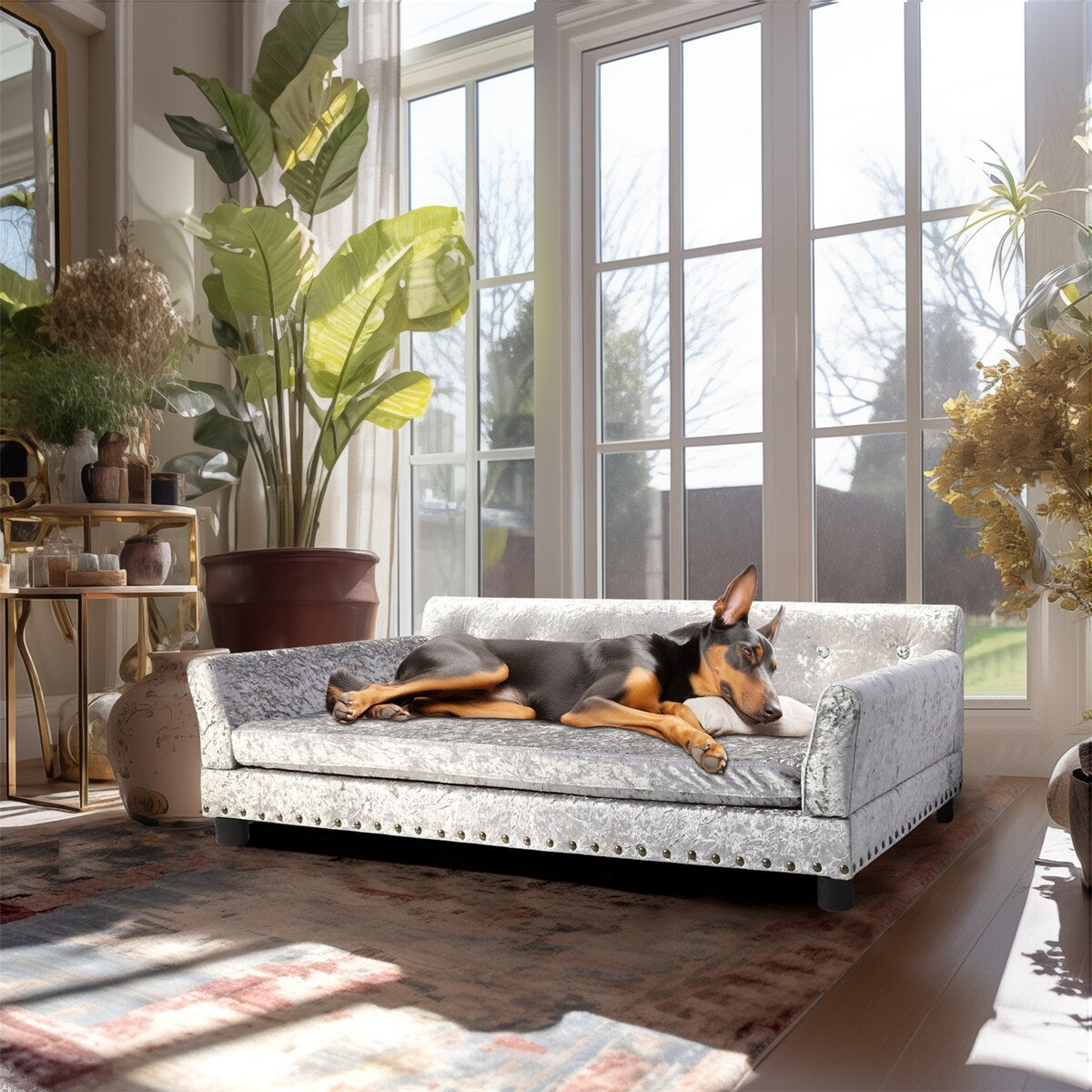 Lit pour animaux de compagnie en forme de canapé en velours capitonné, recouvert de tissu et doté d'un coussin amovible.