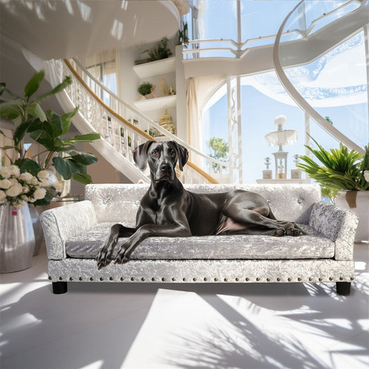 Lit pour animaux de compagnie en forme de canapé en velours capitonné, recouvert de tissu et doté d'un coussin amovible.