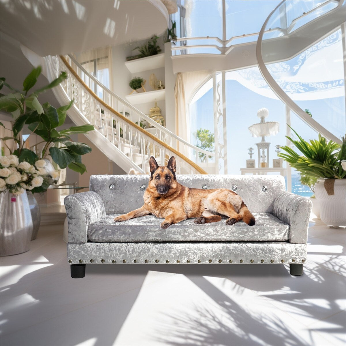 Lit pour animaux de compagnie en forme de canapé en velours capitonné, recouvert de tissu et doté d'un coussin amovible.