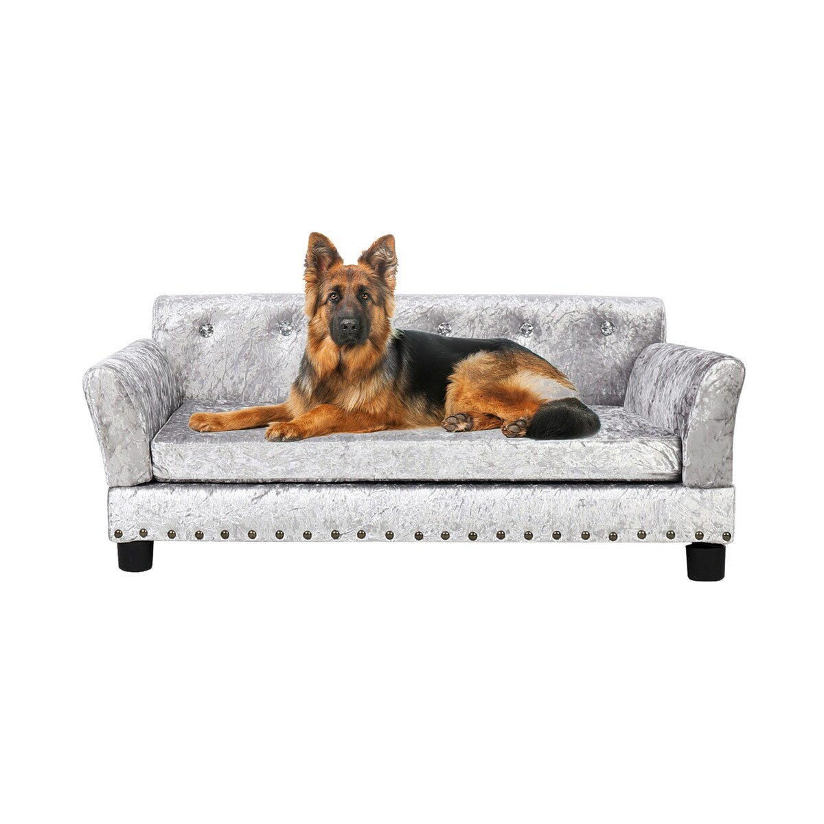 Lit pour animaux de compagnie en forme de canapé en velours capitonné, recouvert de tissu et doté d'un coussin amovible.