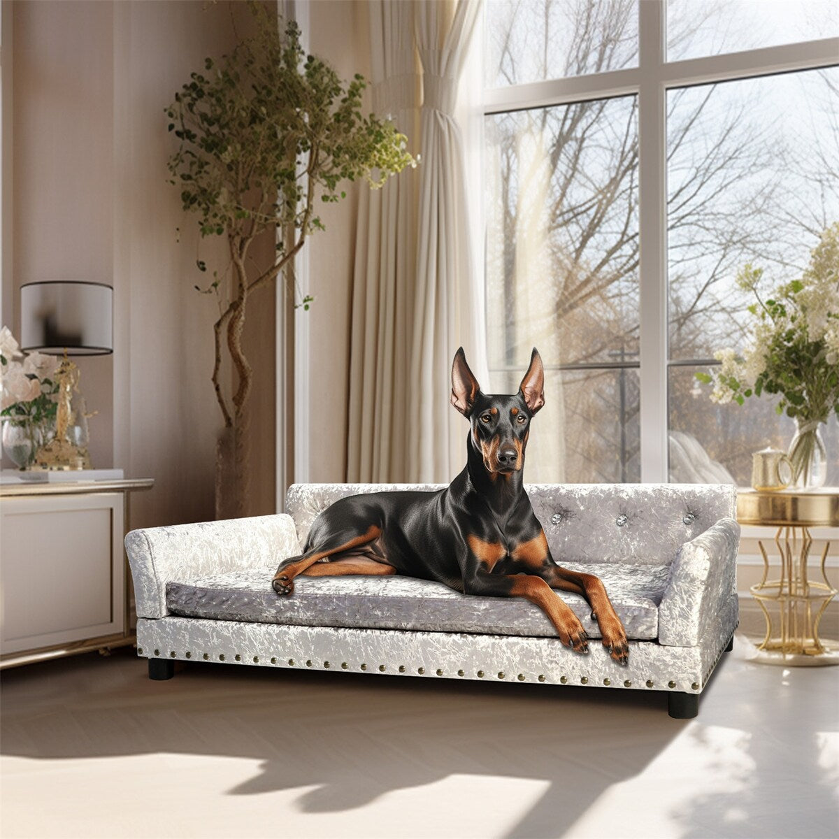 Lit pour animaux de compagnie en forme de canapé en velours capitonné, recouvert de tissu et doté d'un coussin amovible.