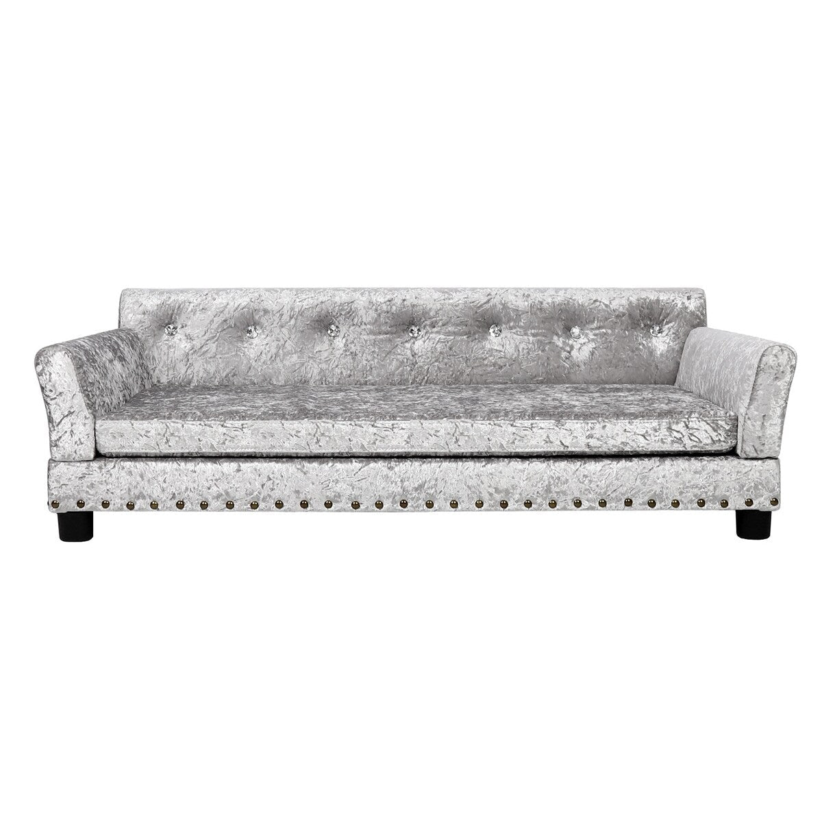 Lit pour animaux de compagnie en forme de canapé en velours capitonné, recouvert de tissu et doté d'un coussin amovible.