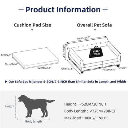 Lit pour animaux de compagnie en forme de canapé en velours capitonné, recouvert de tissu et doté d'un coussin amovible.