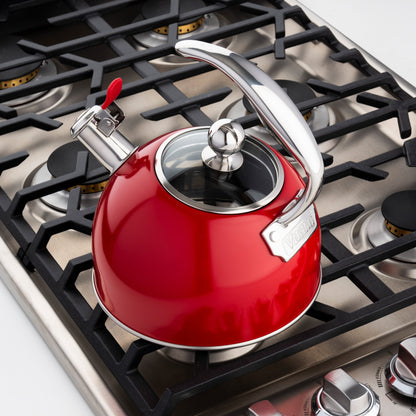 Bouilloire à sifflet Viking en acier inoxydable rouge de 2,6 quarts avec fond à 3 couches