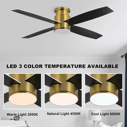 Ventilateur de plafond encastré WINGBO 44/52 pouces à courant continu avec éclairage et télécommande, 4 pales réversibles