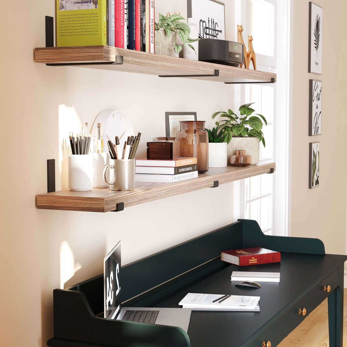 Wallniture Forte, étagères flottantes de 72 pouces, lot de 2, bois brûlé.