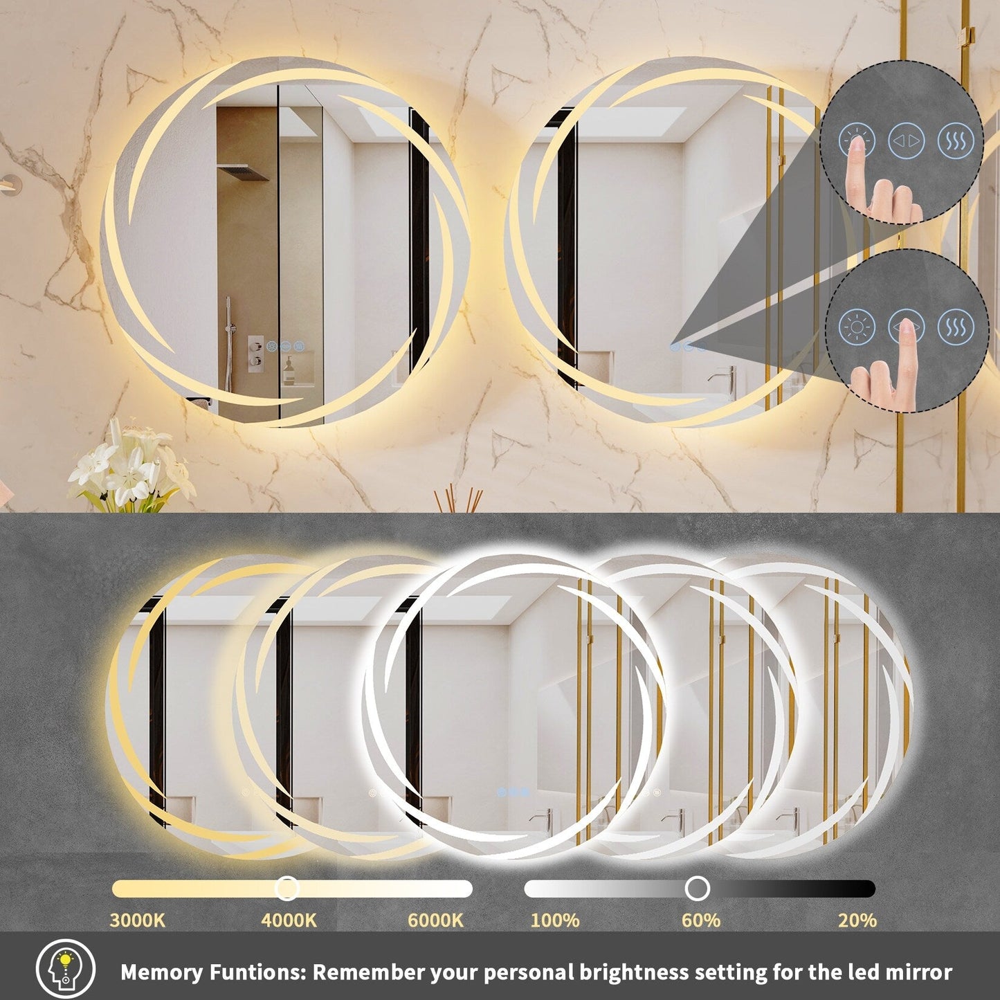 Miropoir de salle de bain à lumière LED tactile étanche, anti-buée, avec fonction de gradation.