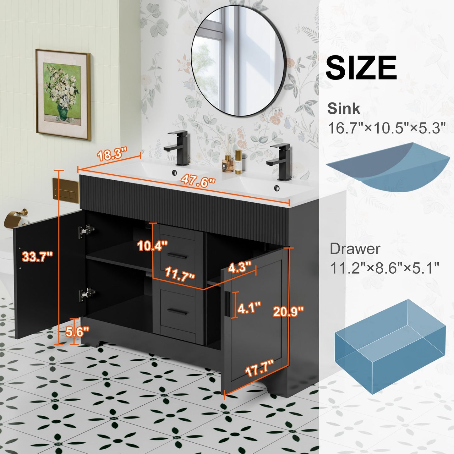 Ensemble de meuble-lavabo ondulé pour salle de bain, 30/36/48 pouces, avec lavabo et robinet.