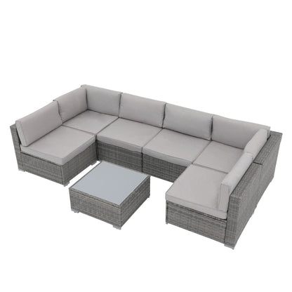 Ensemble de canapé d'extérieur modulable en osier et acier avec coussins, 7 pièces