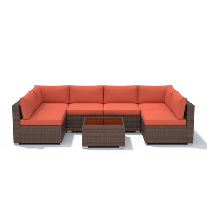 Ensemble de canapé d'extérieur modulable en osier et acier avec coussins, 7 pièces