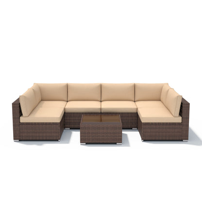 Ensemble de canapé d'extérieur modulable en osier et acier avec coussins, 7 pièces