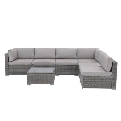 Ensemble de canapé d'extérieur modulable en osier et acier avec coussins, 7 pièces
