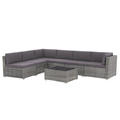 Ensemble de canapé d'extérieur modulable en osier et acier avec coussins, 7 pièces