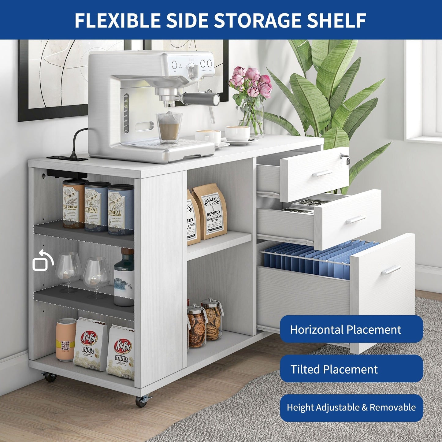 Meuble de rangement en bois avec station de recharge, classeur latéral mobile verrouillable, compatible avec les dossiers A4, lettres et documents légaux.