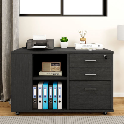 Meuble de rangement en bois avec station de recharge, classeur latéral mobile verrouillable, compatible avec les dossiers A4, lettres et documents légaux.