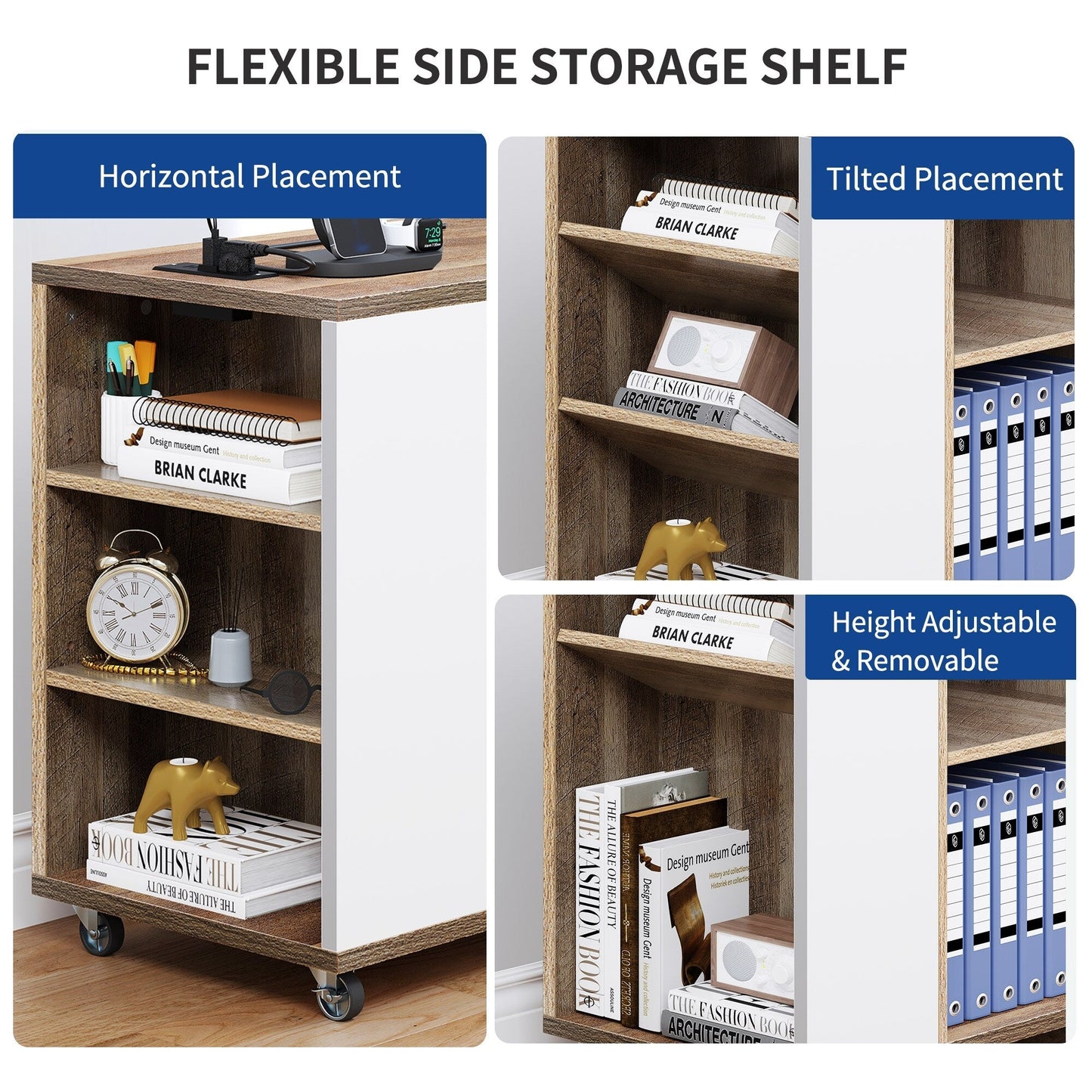Meuble de rangement en bois avec station de recharge, classeur latéral mobile verrouillable, compatible avec les dossiers A4, lettres et documents légaux.