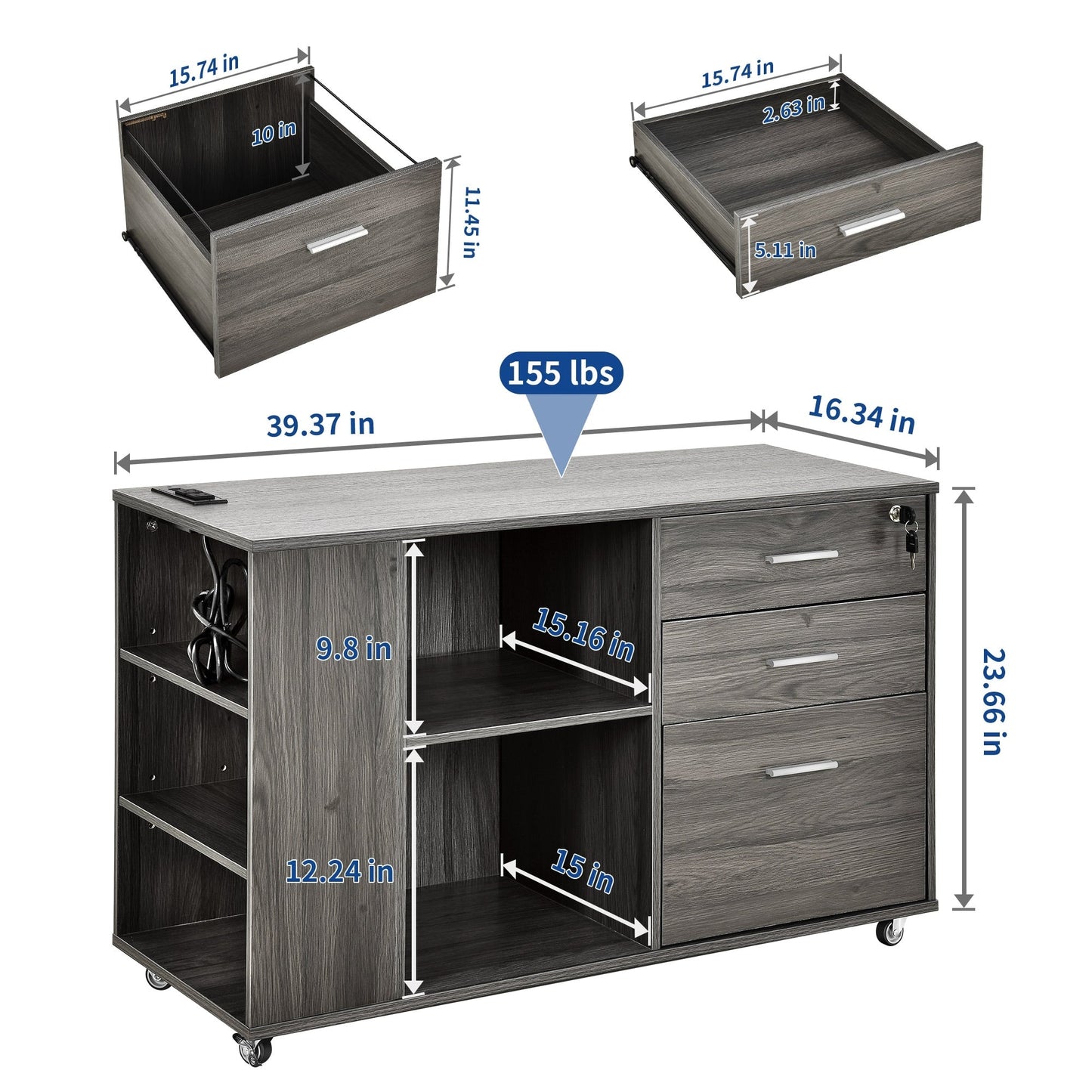 Meuble de rangement en bois avec station de recharge, classeur latéral mobile verrouillable, compatible avec les dossiers A4, lettres et documents légaux.