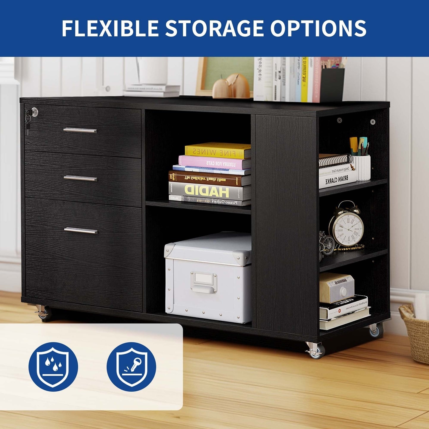 Meuble de rangement en bois avec station de recharge, classeur latéral mobile verrouillable, compatible avec les dossiers A4, lettres et documents légaux.