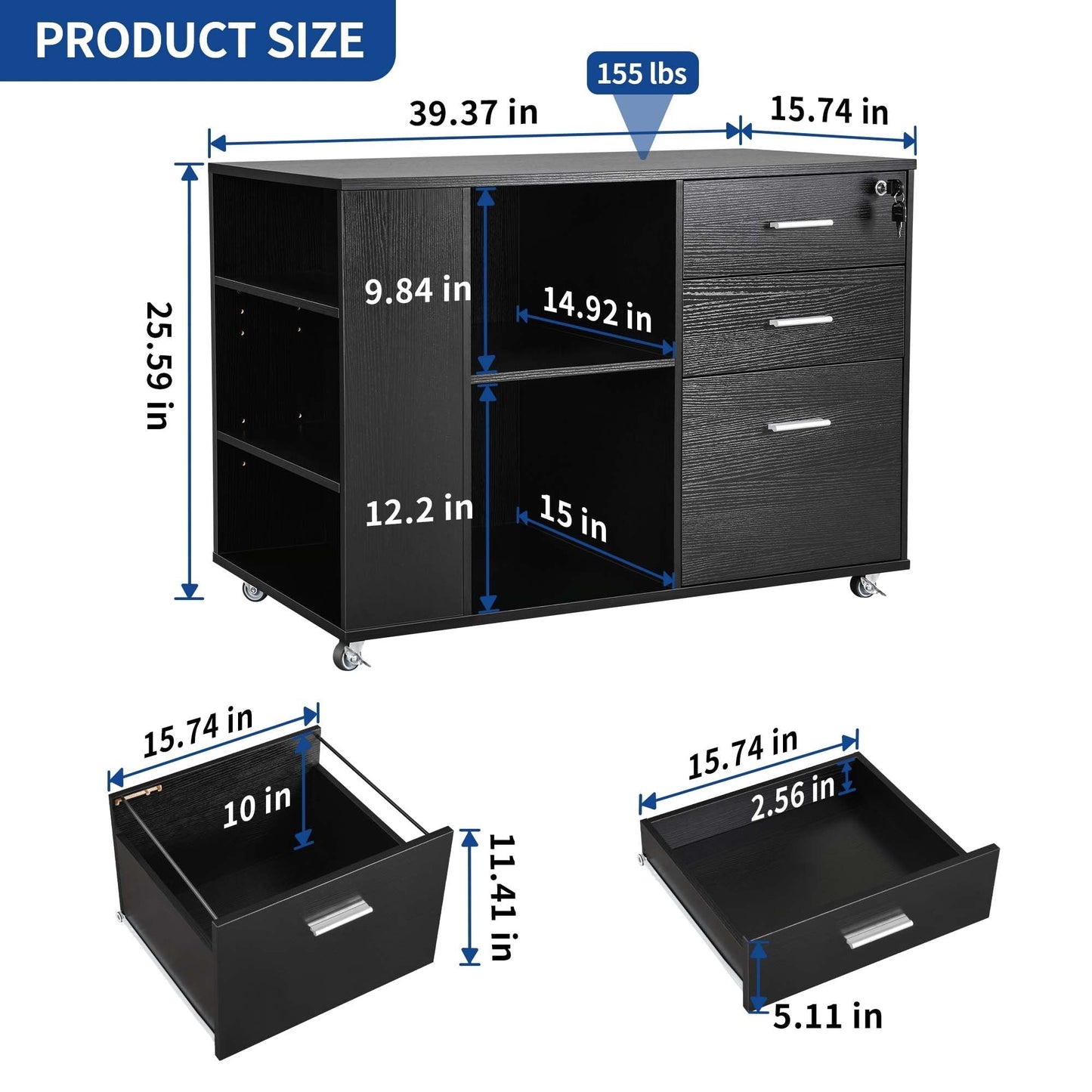 Meuble de rangement en bois avec station de recharge, classeur latéral mobile verrouillable, compatible avec les dossiers A4, lettres et documents légaux.