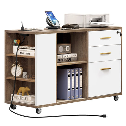 Meuble de rangement en bois avec station de recharge, classeur latéral mobile verrouillable, compatible avec les dossiers A4, lettres et documents légaux.