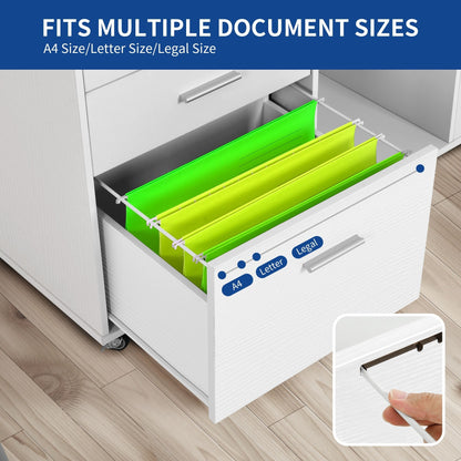 Meuble de rangement en bois avec station de recharge, classeur latéral mobile verrouillable, compatible avec les dossiers A4, lettres et documents légaux.