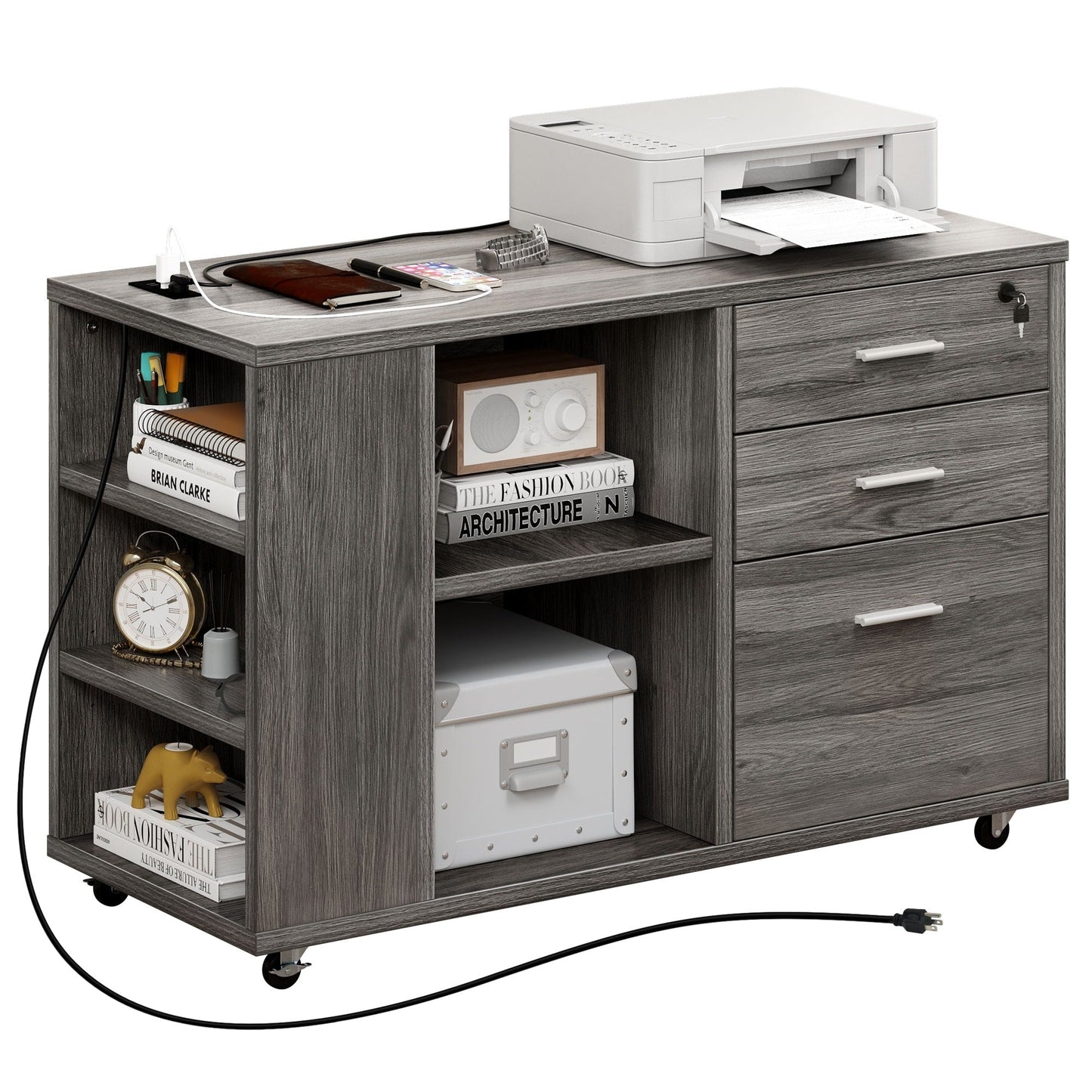 Meuble de rangement en bois avec station de recharge, classeur latéral mobile verrouillable, compatible avec les dossiers A4, lettres et documents légaux.